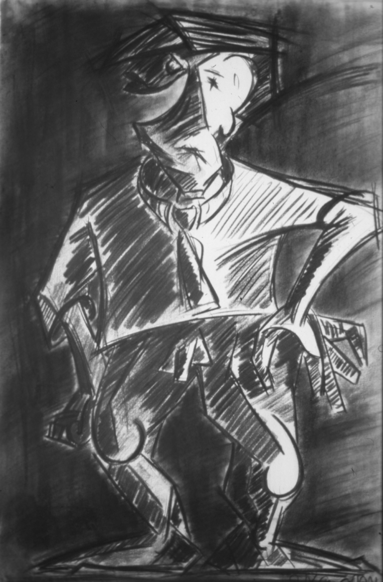 Charcoal drawing on paper of a Picassoid figure