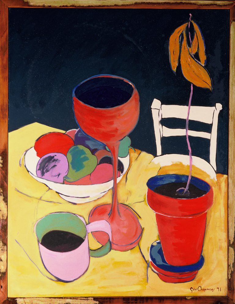 Avocado. Still life oil painting with fruit and avocado pot pland