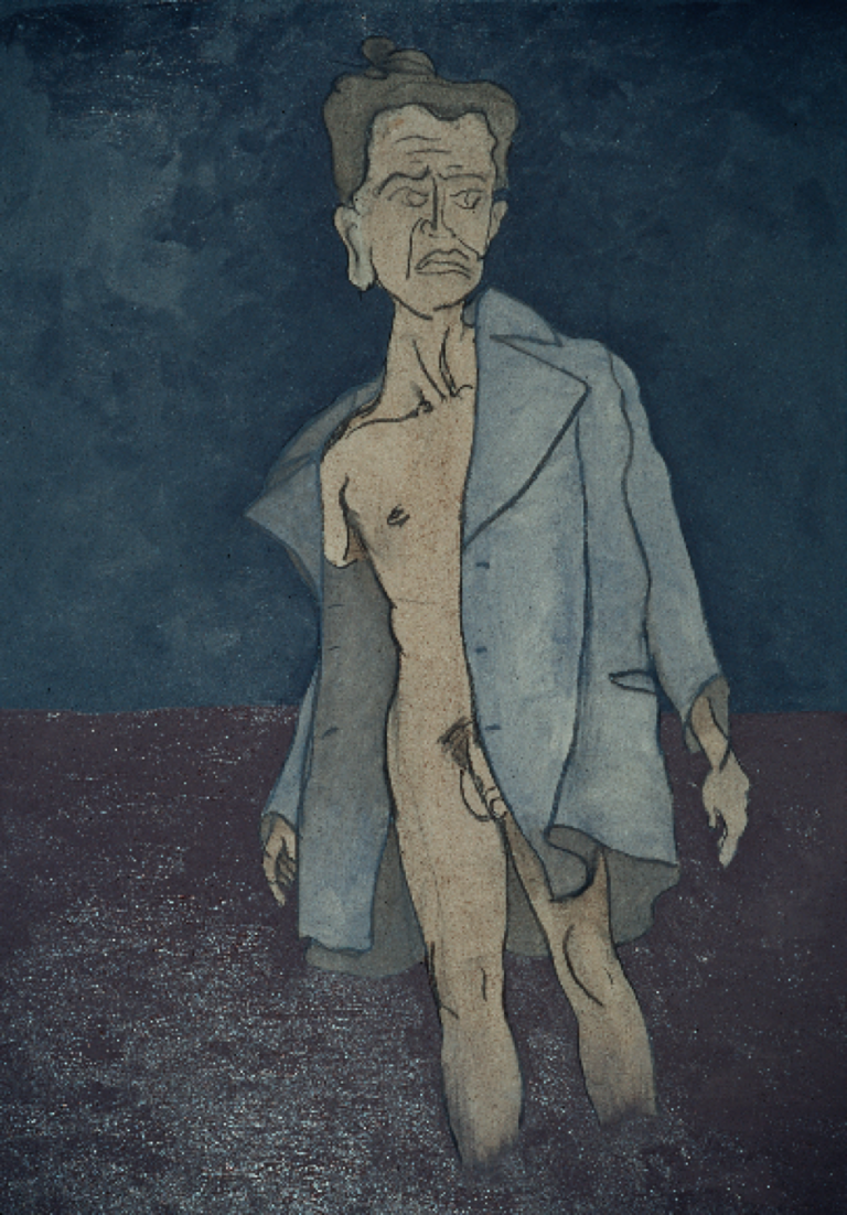 Oil painting of figure in coat