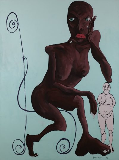Benedicta oil painting. Large figure leaning on small figure.