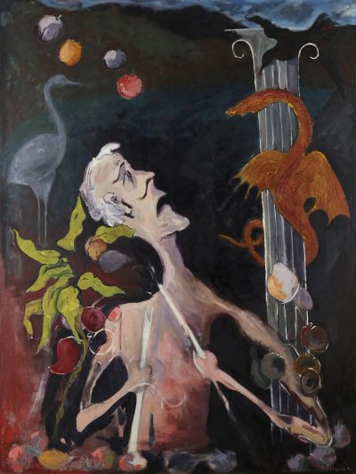 Broken Lance. Oil painting with figure, griffin and fruit.