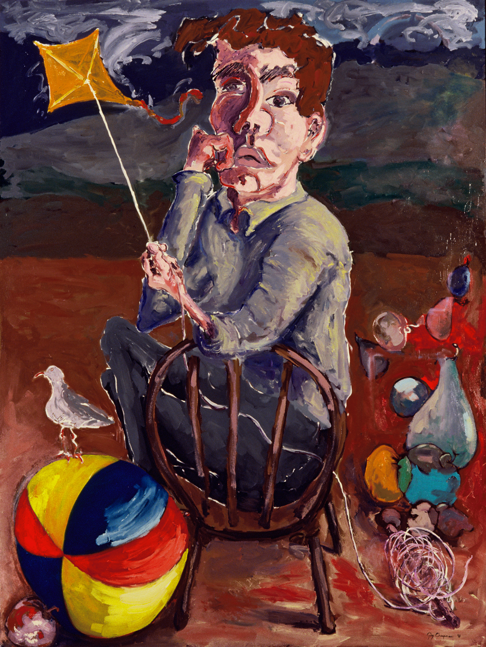 Kite oil painting of seated figure flying a kite