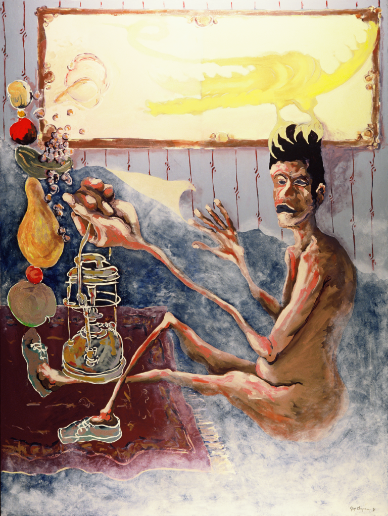 Still Life oil painting with fruit and a figure holding a lamp