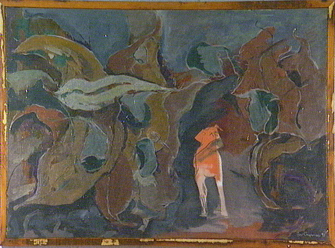 Scent - oil painting with gum leaves and dog