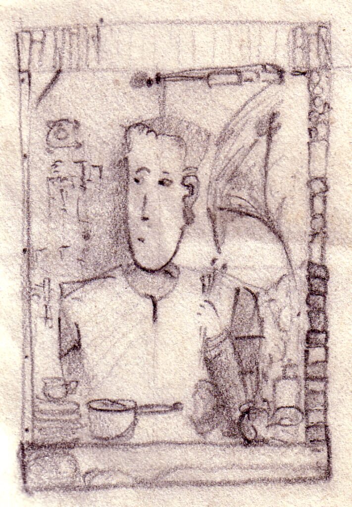 Preliminary pencil sketch for self portrait with figure, violin and still life objects