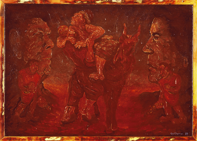 Oil painting titled The Sowers that references Regan, Gaddafi and The Good Samaritan