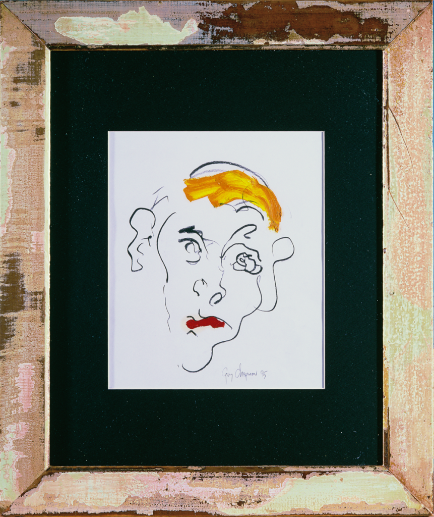 Face 2 - Charcoal drawing on paper of face coloured oil paint smear for hair