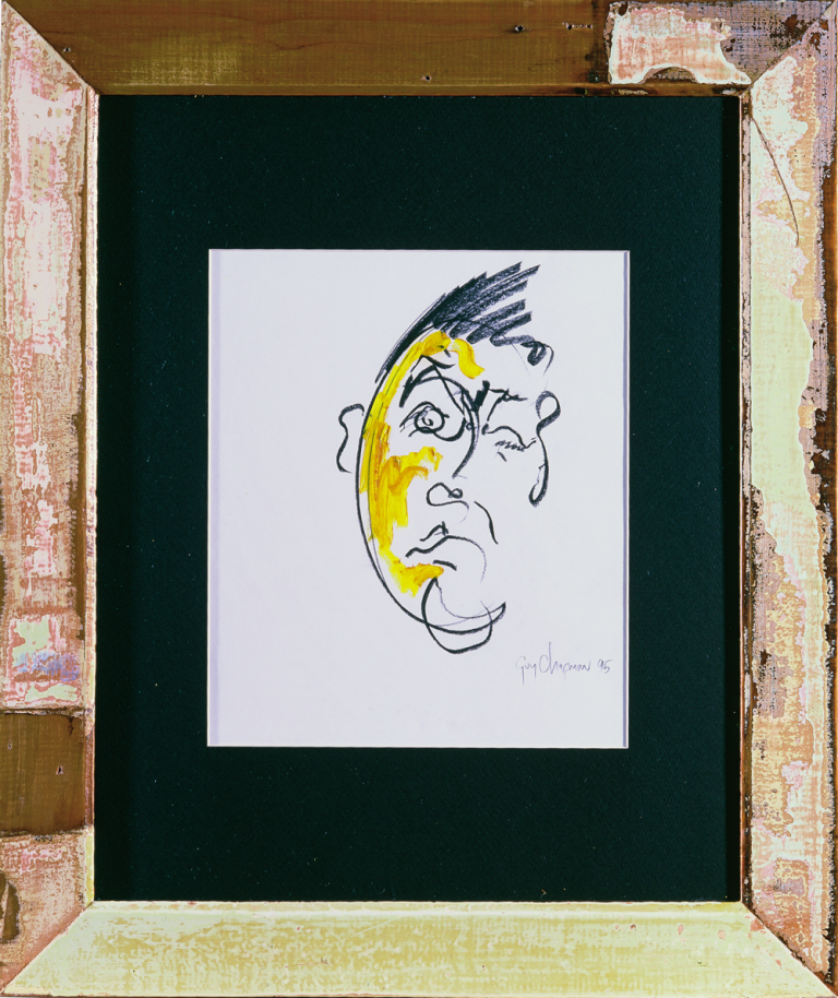 Face 3 - Charcoal drawing on paper of face coloured oil paint smear for hair