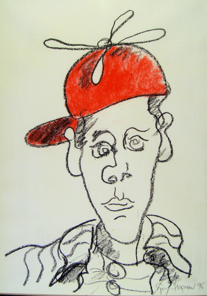 Red Hat 2 - Figure wearing a red propellor hat backwards - charcoal and coloured chalk drawing on paper, 1995.