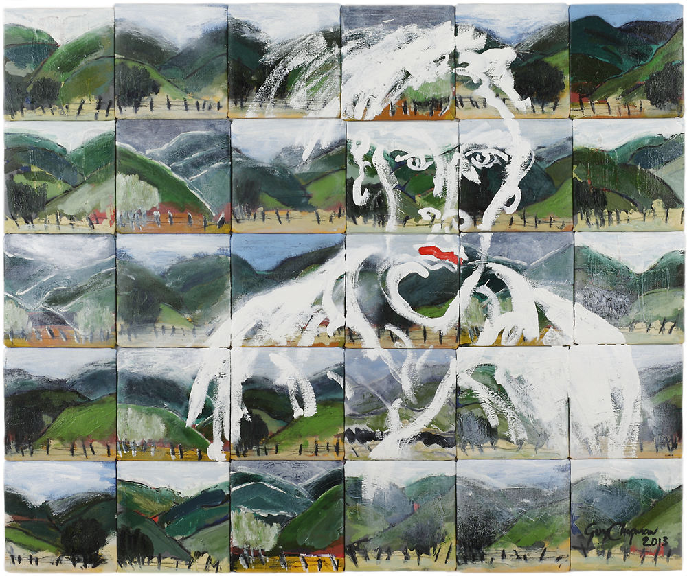 Self Landscape Oil Painting on Canvas. 30 small landscape panels with human figure painted over the top.